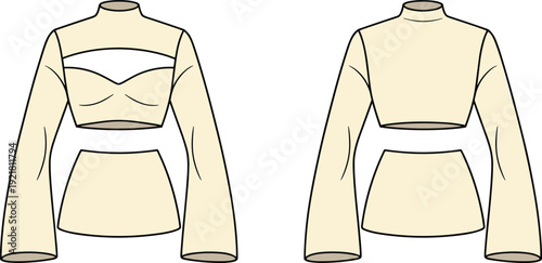 Two beige crop and skirt outfits with long sleeves and necklines crop skirt