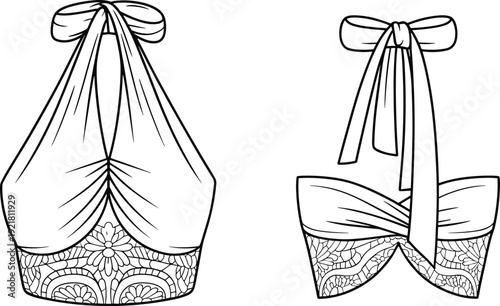 Two black and white line of lace bodices with different bow tie on the chest area line lace