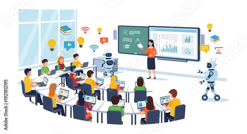 Artificial Intelligence in Education: Blended Learning Classroom with Teacher, Students, and Teaching Robots.