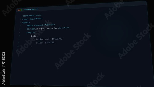 AI Agent Writing HTML Code in Digital Editor Window on Dark Background | Software Development Concept
