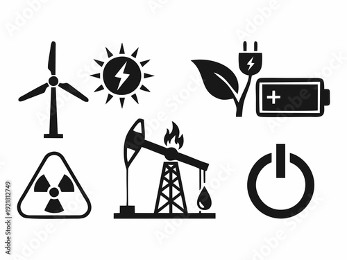Energy and Power Generation Icon Set: Renewable and Non-Renewable Sources