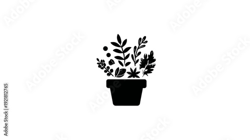 Minimalist Black Silhouette Icon of a Potted Plant with Diverse Leaves and Foliage, Organic Nature Vector Symbol