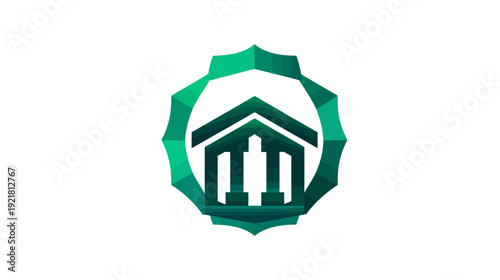 Stylized green classical building icon with columns and pediment, encircled by a geometric badge, symbolizing law, finance, education, or institution.