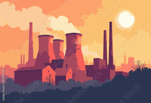 StokeonTrents bottle kilns rendered as bold geometric shapes Industrial brick reds smoky greys against warm sun