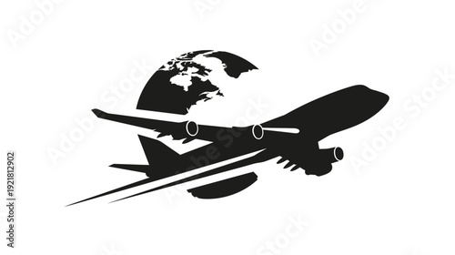 Global Air Travel Concept: Black Silhouette of a Commercial Passenger Jet Airplane Flying Around the World Map