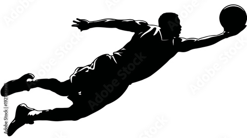 Powerful silhouette of a basketball player in mid-air, showcasing agile movement and a game-winning reach for the ball.