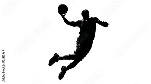 Dynamic silhouette of a basketball player jumping mid-air with a ball, isolated on a white background. Sports action concept.