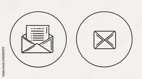 Email and mail icons set. Open envelope with letter and closed envelope, digital communication and postal service symbols, outline style.