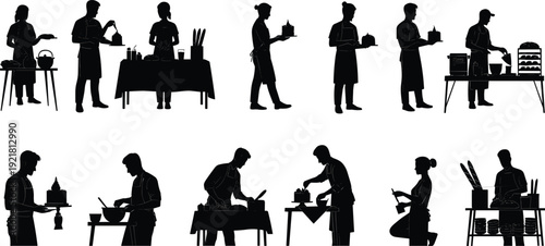 Collection of baker and chef silhouettes showcasing various culinary activities, from baking and decorating to serving food and preparing meals