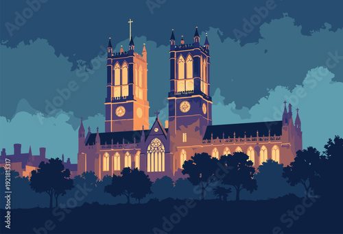 York Minsters gothic towers glowing pale gold against darkening blue sky intricate line work details Elegant travel art
