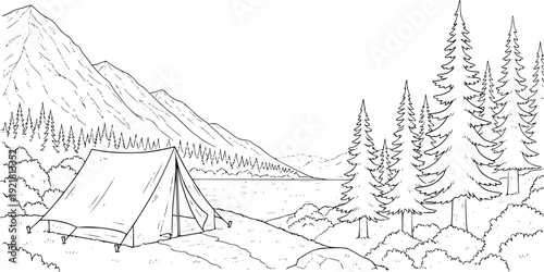 Black and white line of a tent pitched by a lake with mountains and pine trees camping