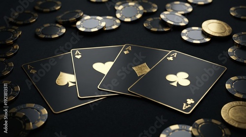 Luxury poker cards optimization with elegant black and gold aces, premium casino chips interface, strategy enhancement for competitive gaming success and risk analytics