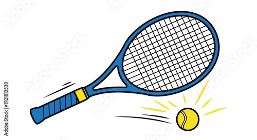 Blue tennis racket hitting yellow ball with motion lines and bright yellow impact sparks
