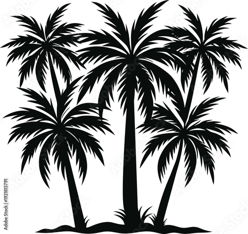 Silhouette of three palm trees standing closely together against a plain background.