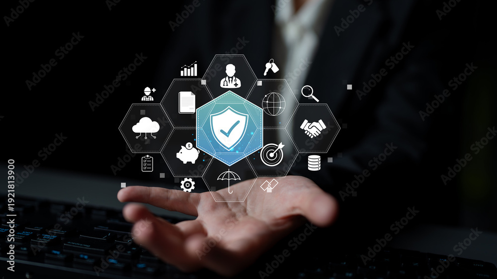 Naklejka premium Digital Security Concept with Shield Icon and Various Technology Symbols for Cyber Protection and Data Privacy Solutions Quark.