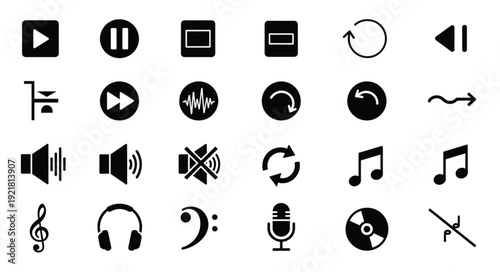 Collection of audio and music player interface icons.