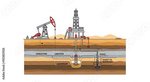 Oil rig drilling into layered underground geological formation with pumpjack