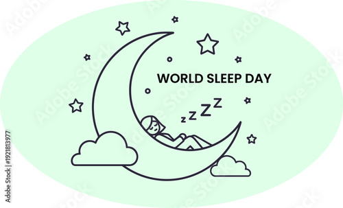 World sleep day line art concept, person sleeping on crescent moon with stars and clouds