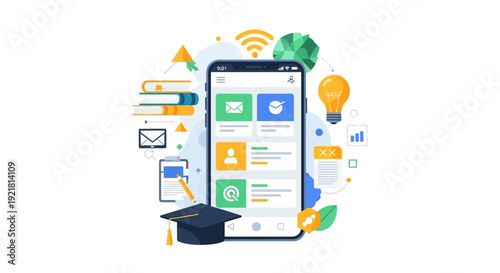 Mobile E-Learning App Interface Concept: Online Education, Digital Knowledge Transfer, Academic Dashboard with Books, Graduation Cap, and Idea Bulb.