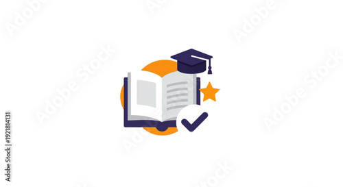 Education Success Icon. Open Book, Graduation Cap, Star, and Check Mark Symbol. Quality Learning, Academic Achievement, Course Completed Flat Vector.