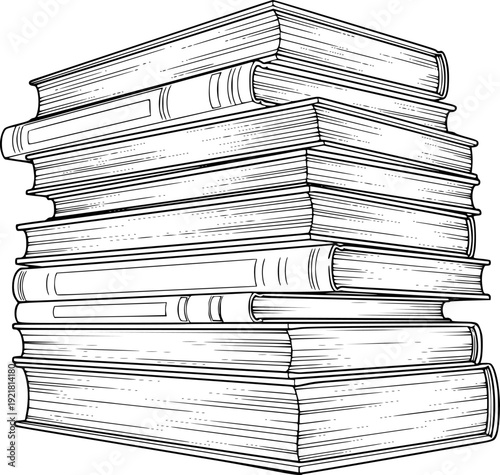 Stack of antique hardback books with detailed page edges and spines in black and white line