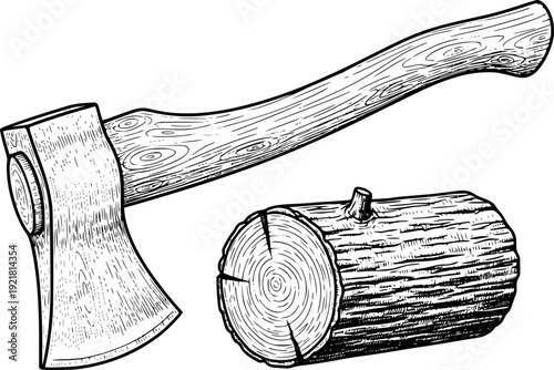 Vintage woodcut of an axe and log a white background cutting chopping