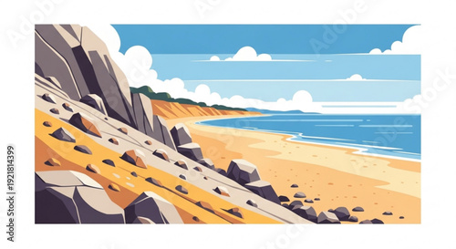 Serene beach landscape with rocky cliffside sandy shore and calm ocean waves under a blue sky with fluffy white clouds