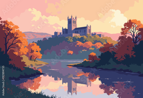 Durham Cathedral perched wooded hill, reflecting perfectly River Wear below Soft autumn sunset colors Painterly style