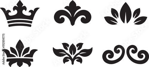 Ornate filigree icon collection. Includes crown, fleur de lis, leaf, and scroll symbols. Created in black vector style with simple palette.