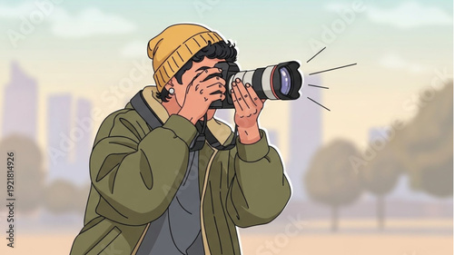 Man holding a professional camera and taking a photo.