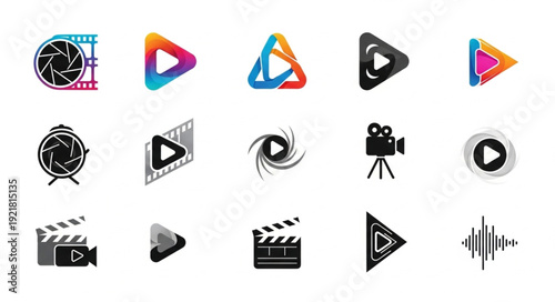 Collection of various video play icons and symbols.
