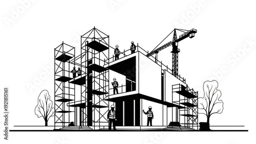 Modern building construction with scaffolding and crane.