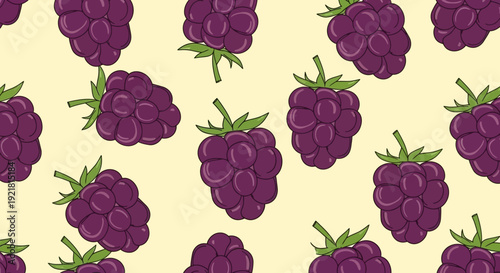 Vibrant purple blackberries arranged in a seamless pattern on a soft yellow background