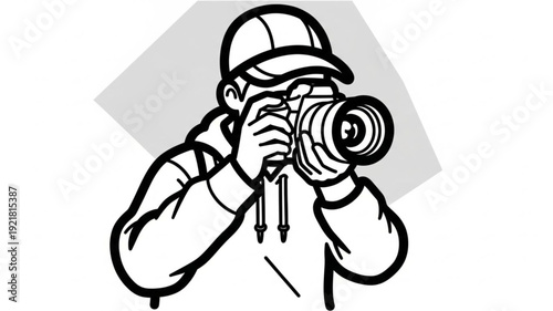 Person wearing a baseball cap and hoodie holding a professional camera.