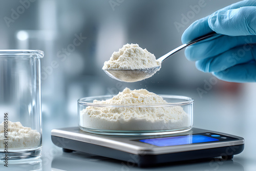 scientist measuring plant-based protein on digital scale. white powder analysis in food science laboratory. nutritional supplement research and quality control concept.	