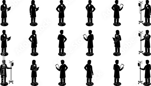 Grid of sixteen stylized black silhouette medical professional icons with clipboards, IV stands, and varied healthcare worker poses