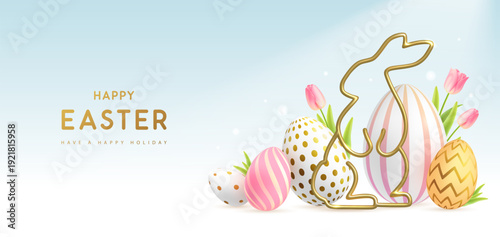 Happy Easter background with colorful easter eggs, golden rabbit silhouette and tulips. Holiday greeting card or poster. Vector illustration
