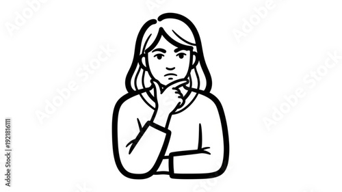 Woman thinking with hand on chin illustration.