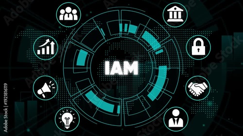 Identity and Access Management I A M Concept with Representing Security, People, and Business Processes on a Futuristic Background