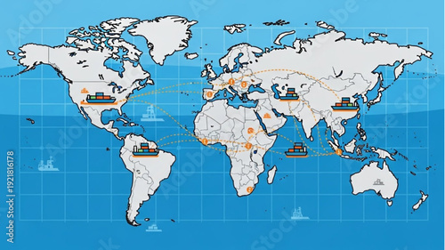 World Map Showing Continents and Oceans with Grid Lines.