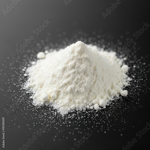 Close-up view of fine white milk powder spilled on a flat surface, highlighting its dry texture and purity, ready for reconstitution, stable, dried, shelf
