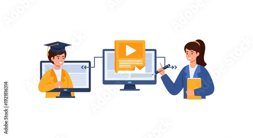 E-learning Virtual Class Concept. Student Graduating Remotely via Online Course, Receiving Video Tutorial Content from Female Teacher on Computer Screen.