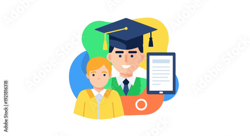 E-Learning Mentor and Student Graduation Concept. Academic Achievement, Online Course Certification, and Digital Education Flat Illustration.