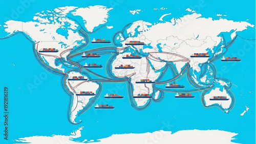World Map Showing Shipping Routes and Major Ports.