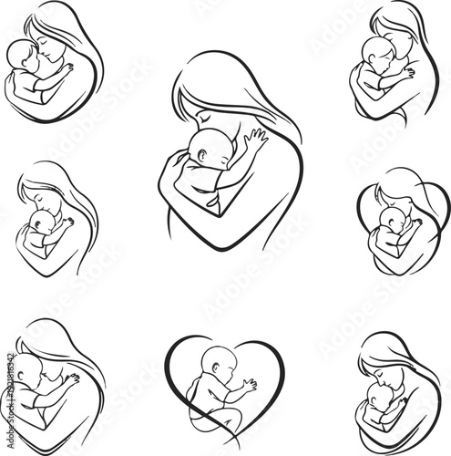Mother and child illustrations in various heartfelt poses