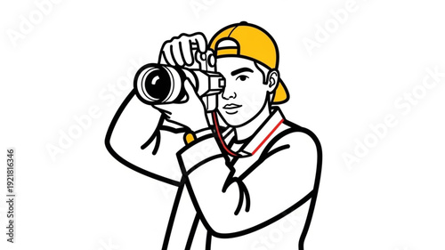Young man wearing a yellow cap taking a photo with a professional camera.