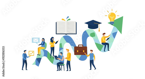Professional Development and Education Growth Path. Flat vector illustration of people studying, learning, and achieving career success towards a bright idea.
