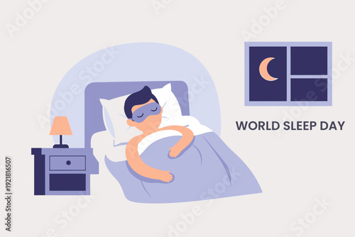 World sleep day, man sleeping peacefully in bed with sleep mask at night with moon in window