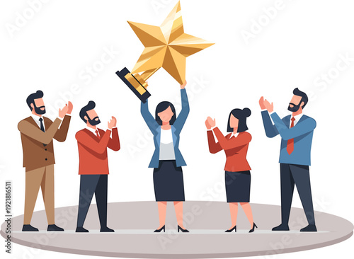 Businesswoman holding a large gold star trophy recognized by her applauding colleagues