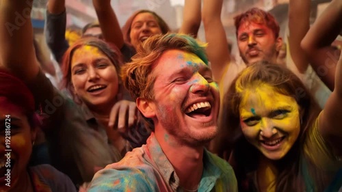 Happy people covered in vibrant powder celebrating the traditional indian festival of colors